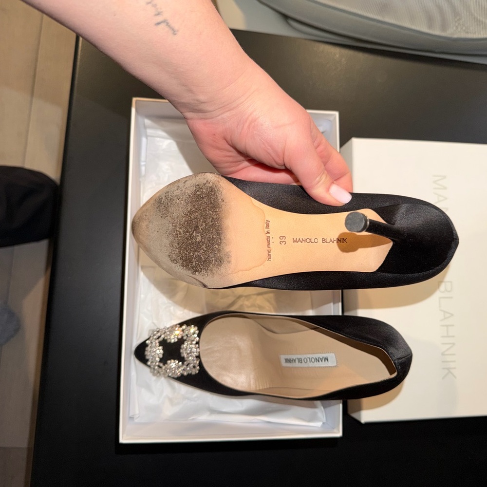 Manolo Blahnik Black Satin Heels with Embellishments - Picture 3 of 5